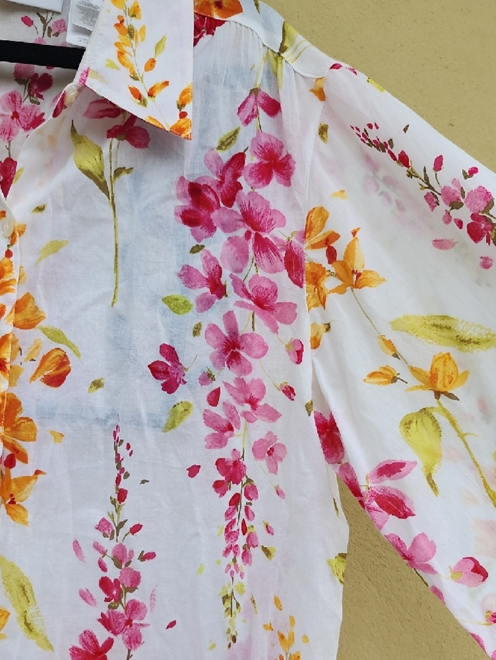 Liz Claiborne Woman Floral Button-Up Blouse in White with Pink & Yellow Blooms - Picture 9 of 13